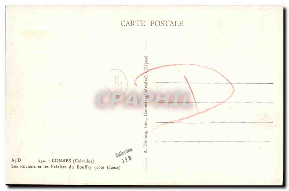 Les Rochers et les Falaises du Bouffay — Commes (Calvados) — A. Duhorc, édit. — Verso
