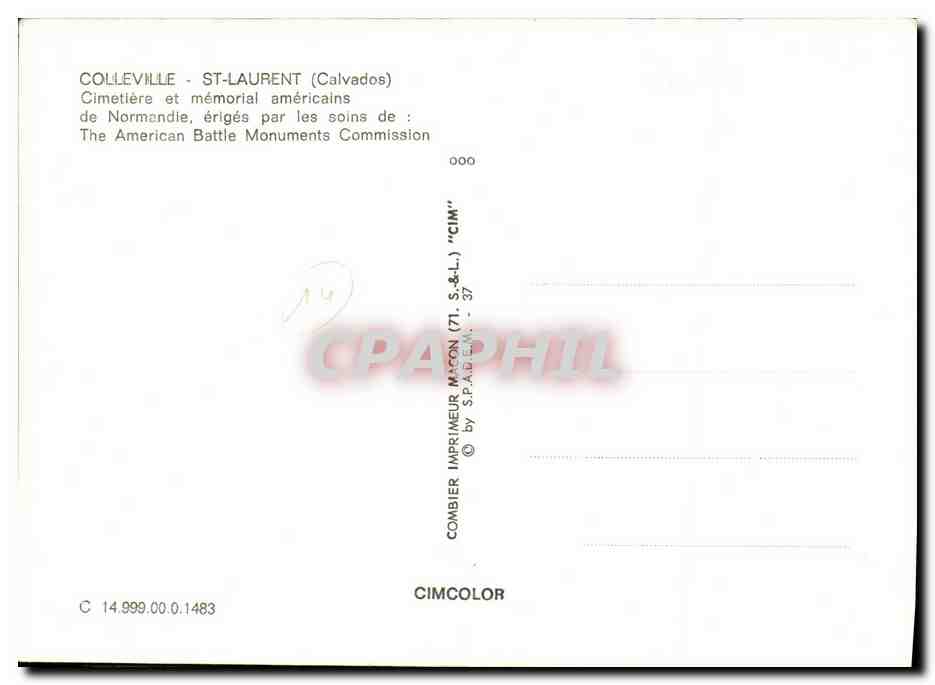 CPM Colleville Sur Mer St laurent Cimetiere et memorial americains de Normandie Militaria — Verso