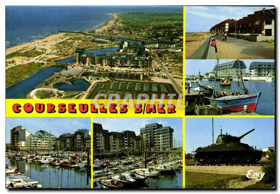 Courseulles-sur-Mer — vue aérienne, port, bateaux, tank — Émy