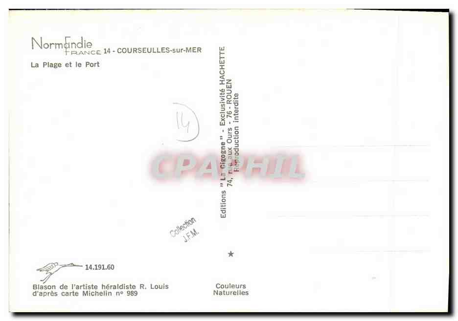 Courseulles-sur-Mer — vue du port et de la plage — Éditions J.F.M. n° 989 — Verso