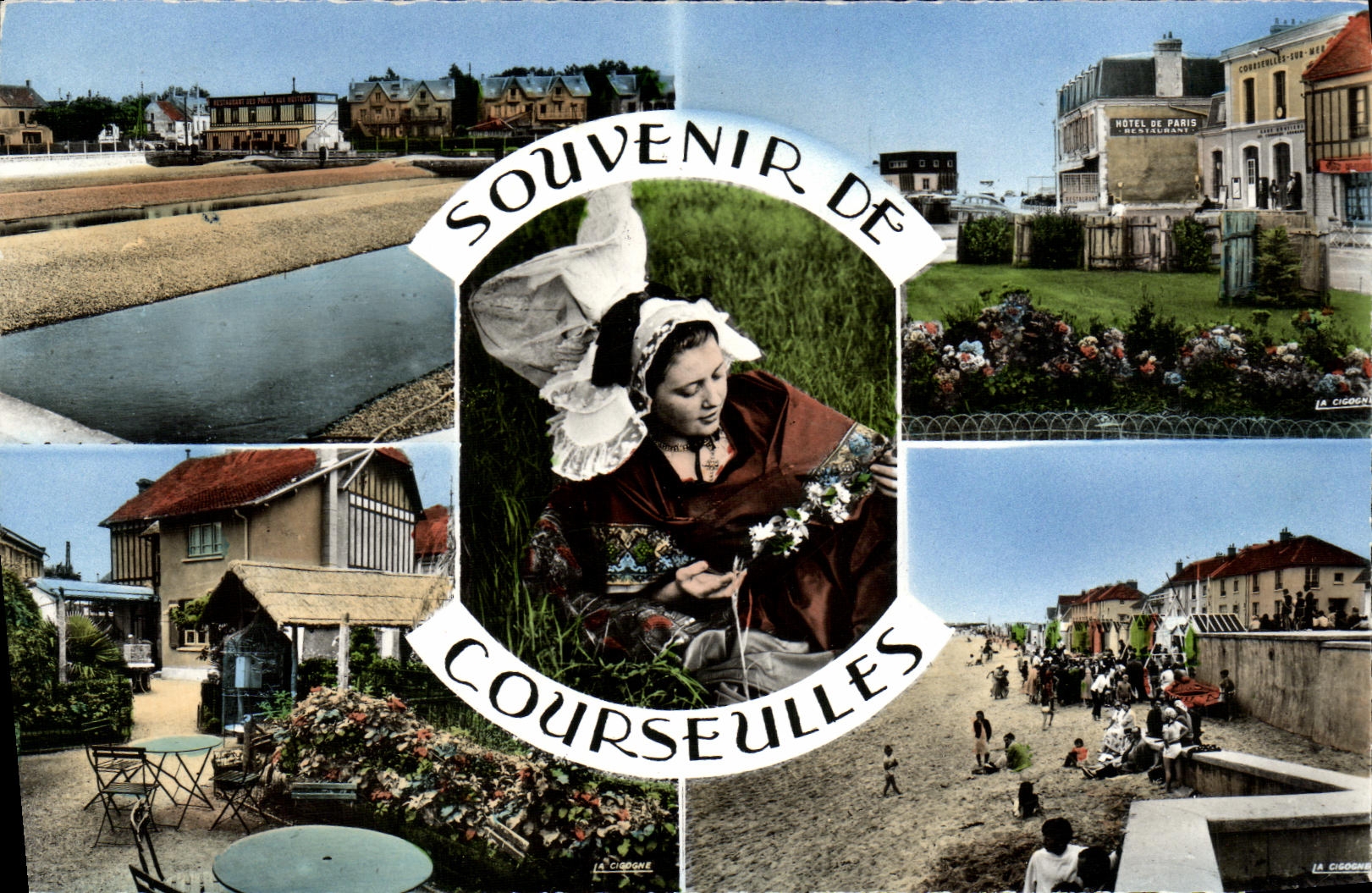 CPM Courseulles Sur Mer parc a huitres Jardin du cafe du centre Arrivee a al mer Plage Folklore normand