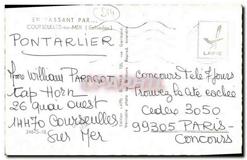 Hôtel-Restaurant à Courseulles-sur-Mer — éditeur Lapie, n° 246-S-18 — Verso