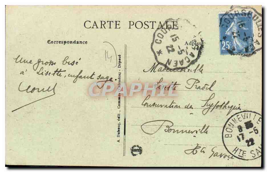 La Délivrande - Grande-Rue — vue de la rue avec voiture et piétons — éditeur A. Dubosq, n° 263 — Verso