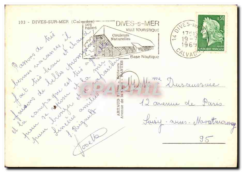 Dives-sur-Mer — Vue générale, l'église, le port, les vieilles halles, la lieutenante — Artaud Frères, Nantes — Verso