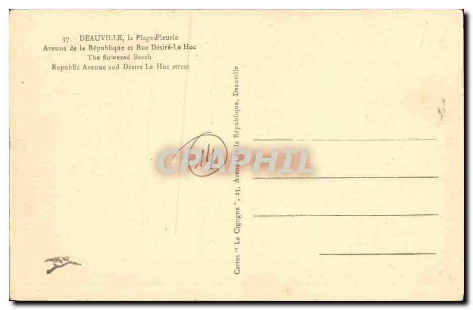 Deauville, Avenue de la République et Rue Désiré-Le Hoc — Cartes 'La Cigogne', n°37 — Verso