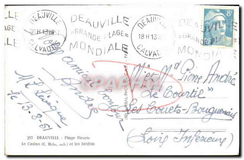CPA Deauville Plage Fleurie Le Casino et le Normandy — Verso