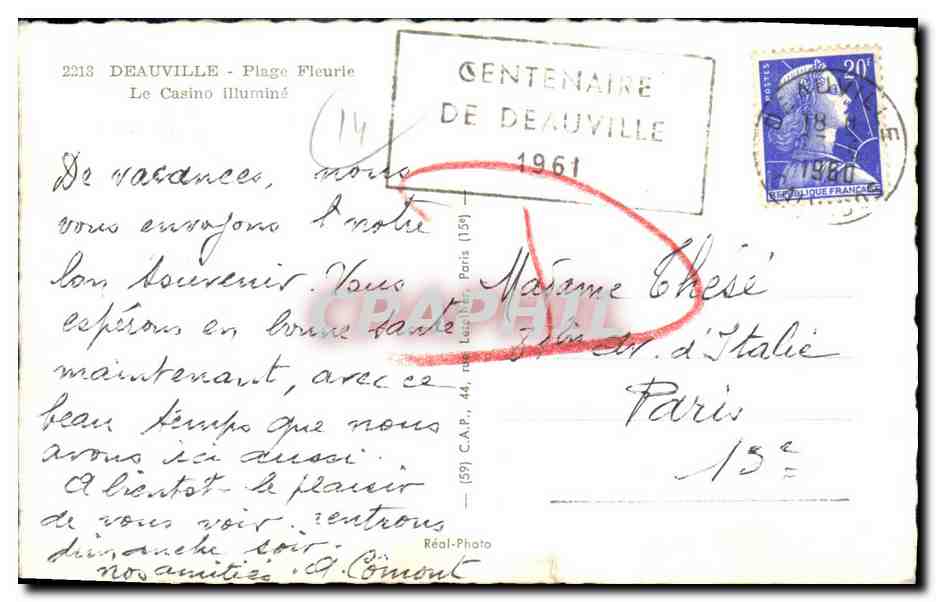 Deauville - Fleurie Beach - The Illuminated Casino — Réal-Photo, n°2213 — Back