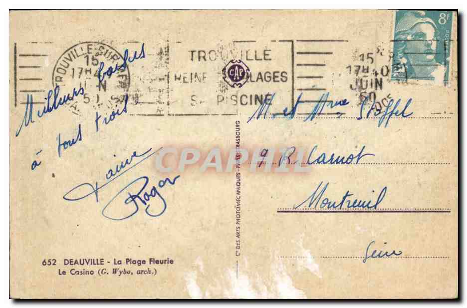Le Casino de Deauville — La Plage Fleurie — éditeur G. Wybo, n°652 — Verso