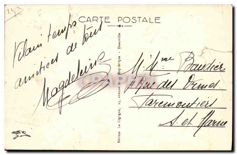 Tarjeta postal antigua Deauville La Plage Fleurie El Casino — Reverso