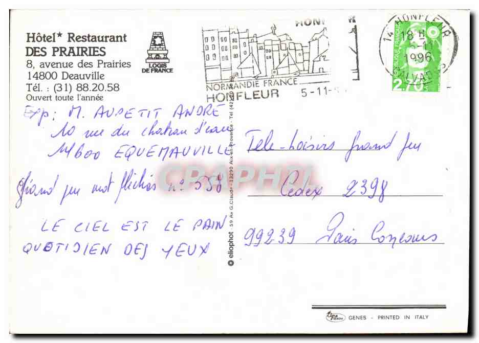 Hotel Restaurant des Prairies — Honfleur — publisher Genes — Back