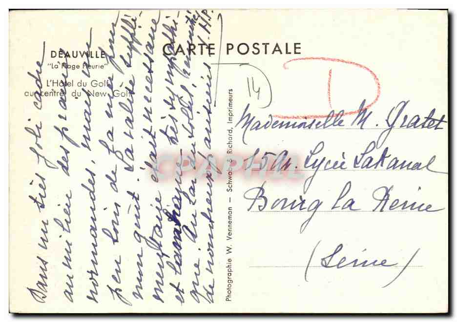Deauville — 'Die Blühende Strände' — Das Hotel du Golf, in der Mitte des New Golf — Photographie von W. Verneman — Rückseite