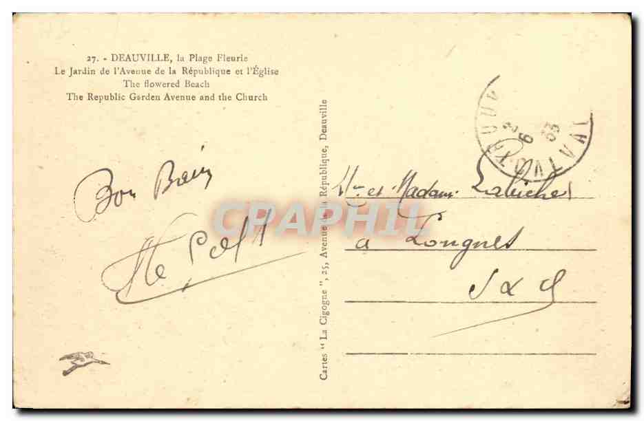 Deauville, La Plage Fleurie — El Jardín de la Avenue de la République y la Iglesia — Cartas 'La Cigogne', Deauville — Reverso