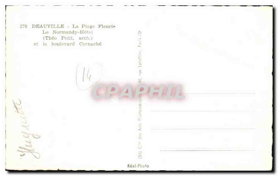 CPA Deauville La Plage Fleurie Hotel Normandy et le boulevard Cornuche — Verso