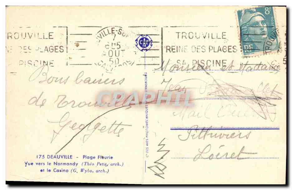 Vue vers le Normandie et le Casino — Trouville-sur-Mer — éditée par Les Arts Photomécaniques — Verso