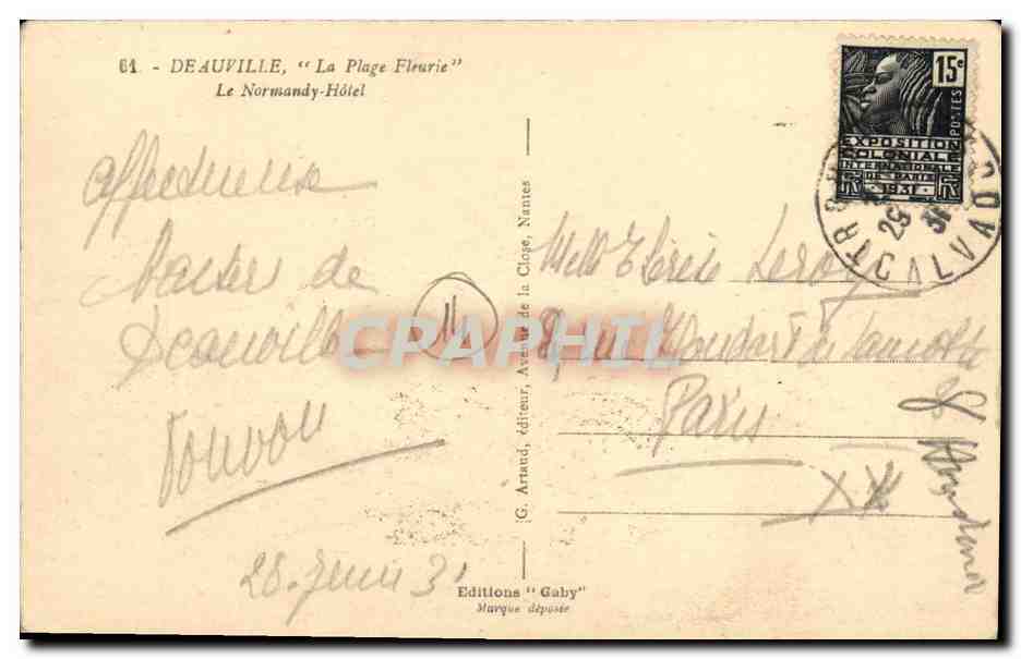 Deauville — La Plage Florarie — Le Normandy-Hôtel — Éditions Gaby — Verso