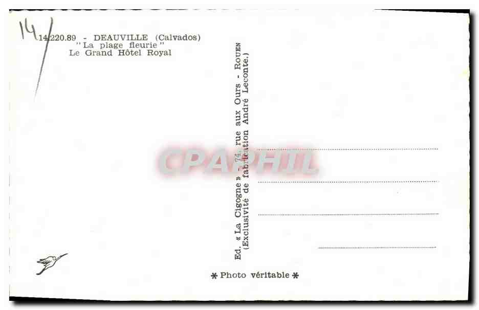 Le Grand Hôtel Royal — Deauville (Calvados) — Éd. La Cigogne — Verso