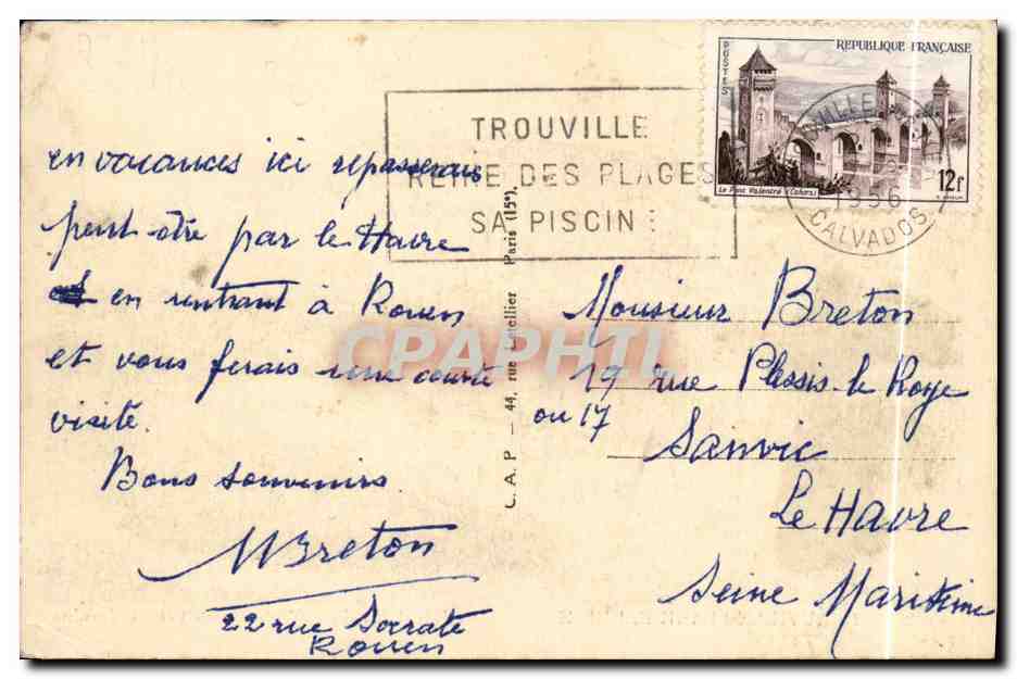 Deauville-Plage Fleurie — Le Royal Hôtel (G. Wybo, arch.) et les Jardins — CPAPHIL n°800 — Verso