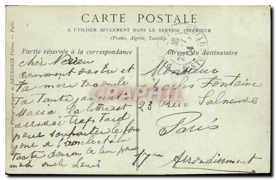 Carte postale intérieure — Paris — Éd. Neurdein Frères — Verso