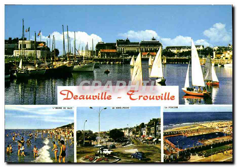 CPM Deauville Trouville Heure d bain Rond point Piscine Bateaux
