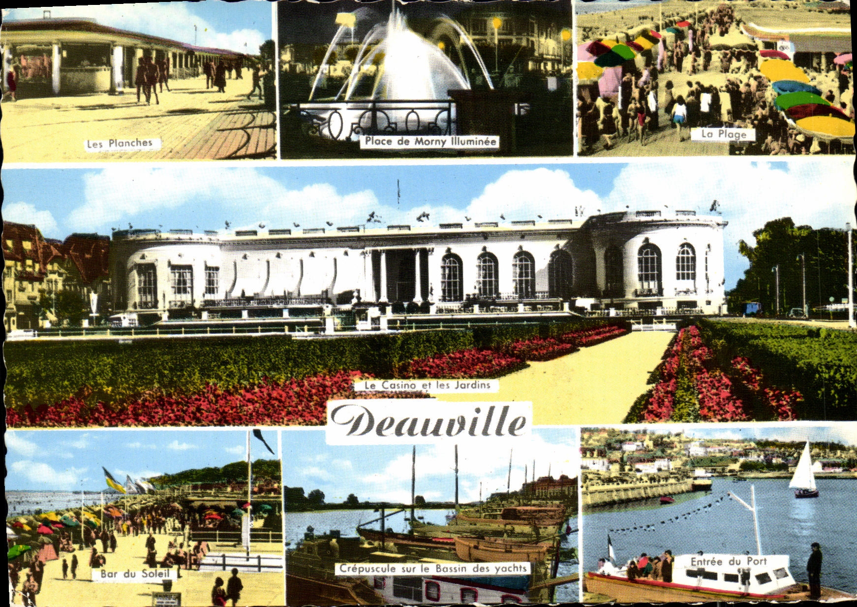 Deauville — Les Planches, Place de Morny Illuminée, La Plage, Le Casino et les Jardins, Bar du Soleil, Crépuscule sur le Bassin des yachts, Entrée du Port — éditeur Color Cap, n° 7023