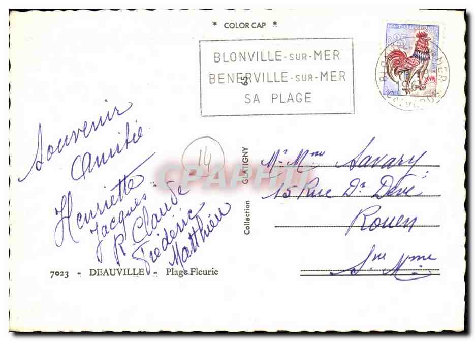 Deauville — Les Planches, Place de Morny Illuminée, La Plage, Le Casino et les Jardins, Bar du Soleil, Crépuscule sur le Bassin des yachts, Entrée du Port — éditeur Color Cap, n° 7023 — Back