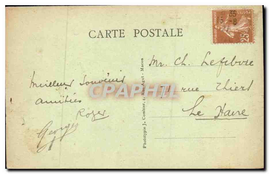 Deauville - La Place Morny — vue de la place avec fontaine et bâtiments — Phototypie J. Combier, 4, Rue Agut - Macon — Verso