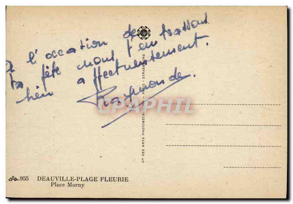 Place Morny — Deauville-Plage Fleurie — C.H. des Arts Photomécaniques — Verso