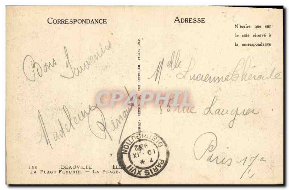 Deauville — La Plage Élégante — Éditeur : Deauville, n° 158 — Verso