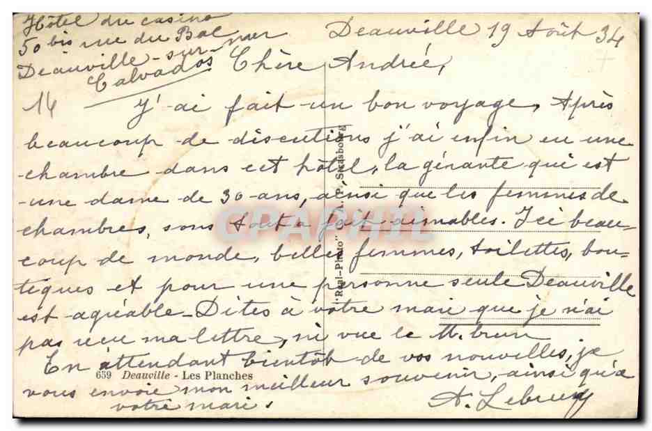 CPA Deauville Les Planches — Verso