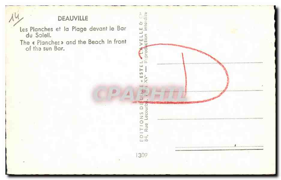 Deauville — Les Planches et la Plage devant le Bar du Soleil — Éditions de Luce & Estel, n°1309 — Verso