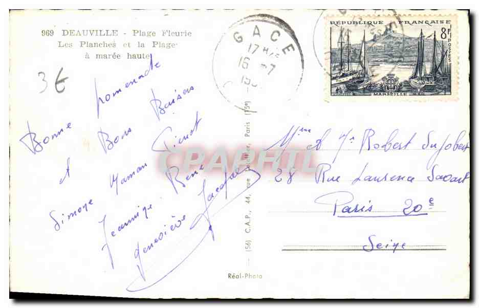 Deauville — Plage et Planches — C.P.A. n°969 — Verso
