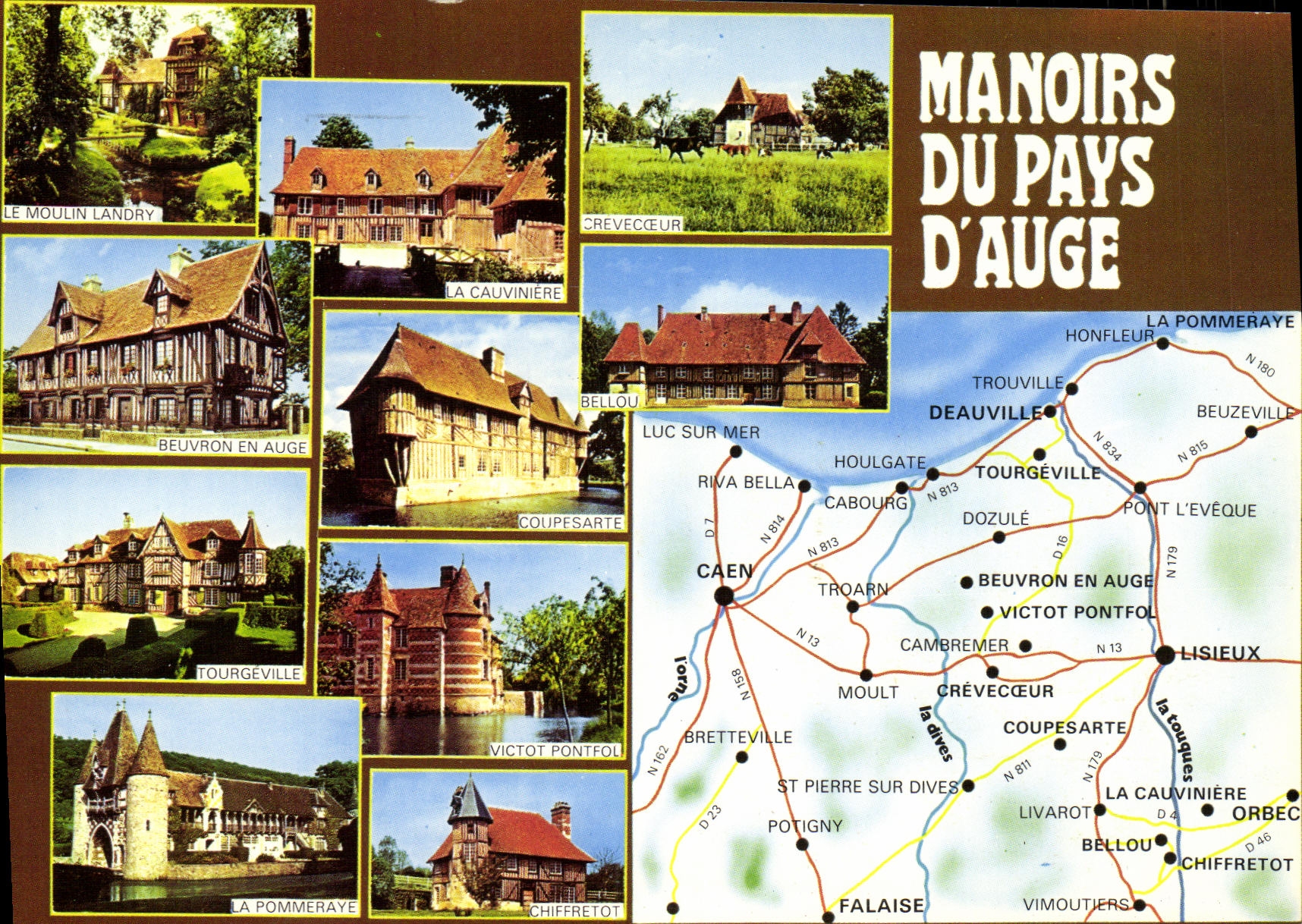 Manoirs du Pays d'Auge — Carte postale touristique avec carte routière et photos de manoirs