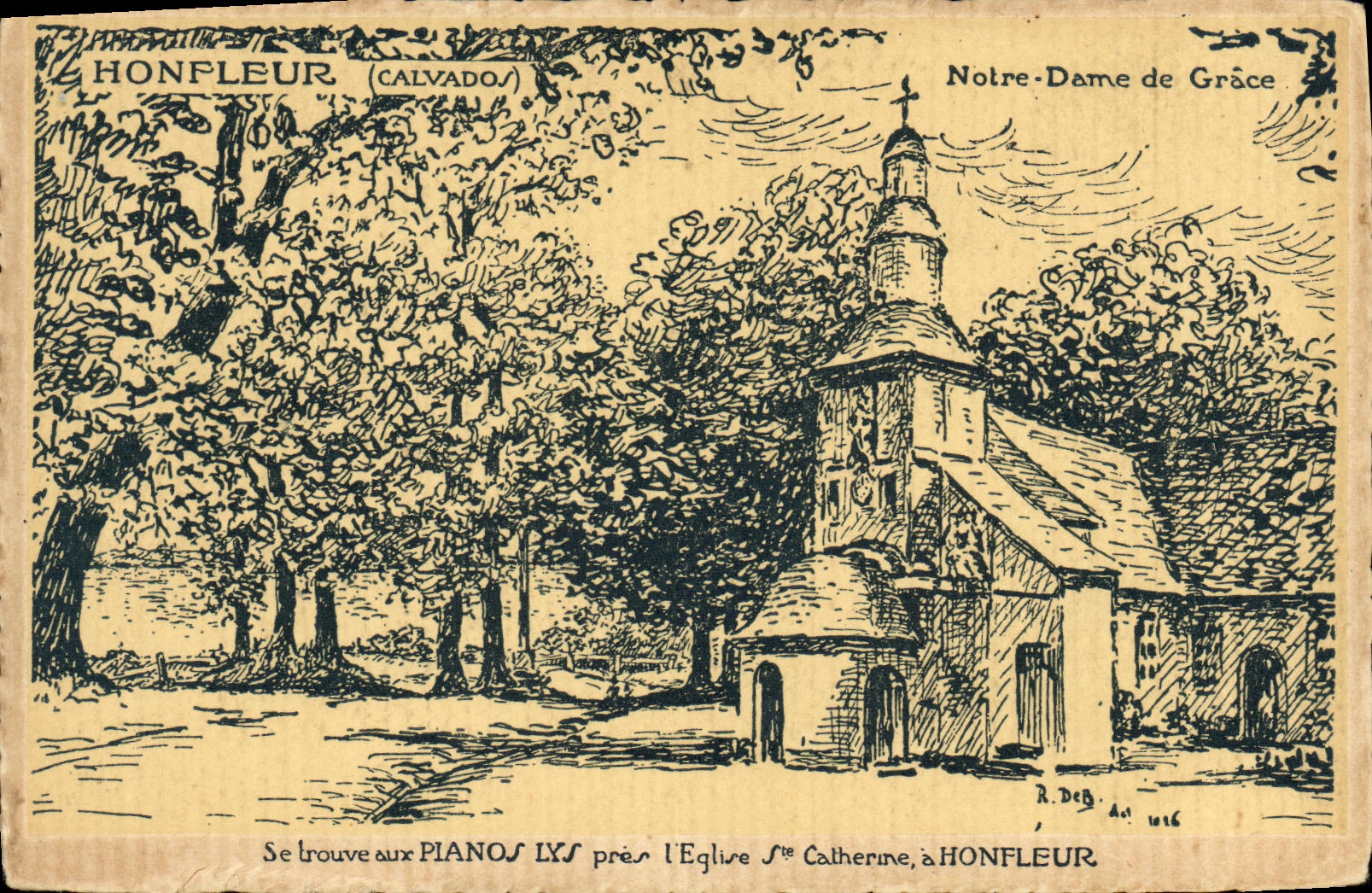 Vintage Postcard Honfleur Church Notre Dame De la Grace Advertising Piano Lys