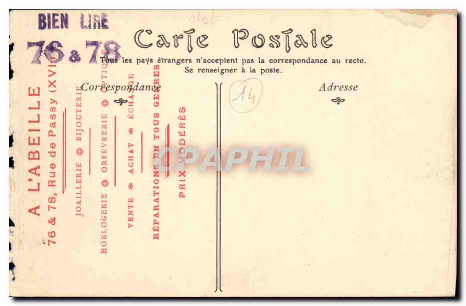 CPA Honfleur Eglise Sainte Catherine Publicite A l abeille Rue de Passy Paris — Verso