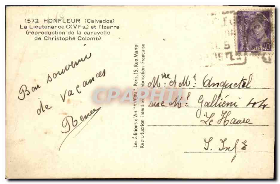 CPA Honfleur La Lieutenance Bateau Voilier — Rückseite