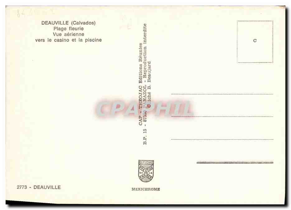 Deauville (Calvados) — Plage fleurie, vue aérienne vers le casino et la piscine — Éditions B. Beaujard — Verso