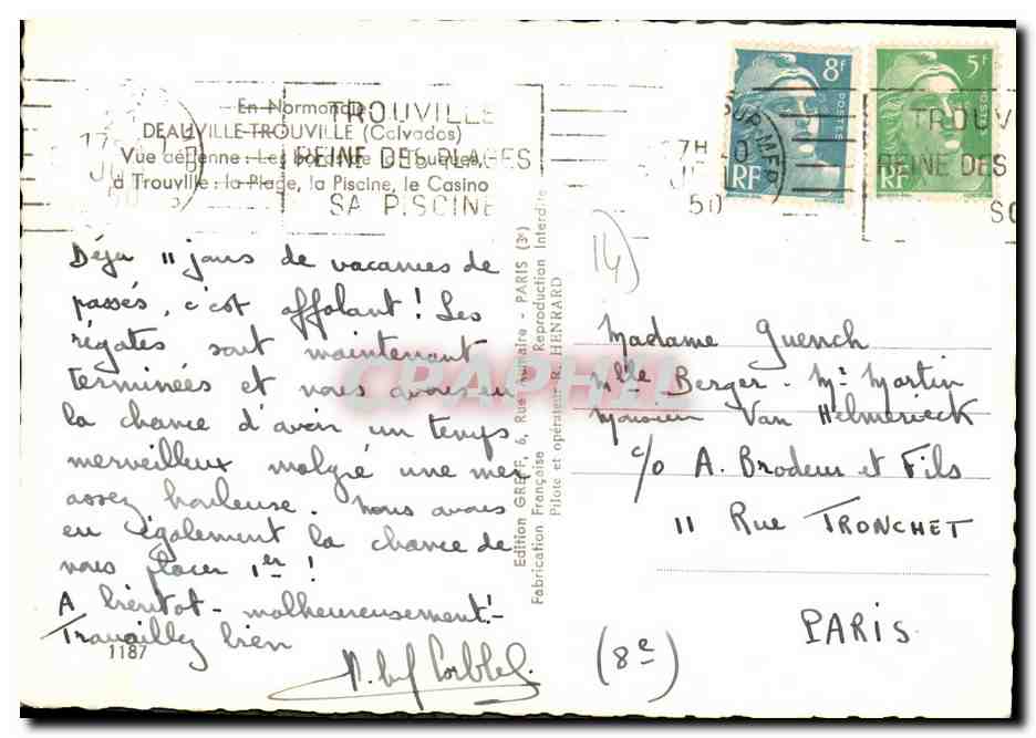Trouville - Vue de la Plage, la Piscine, le Casino — Édition Greff — Verso