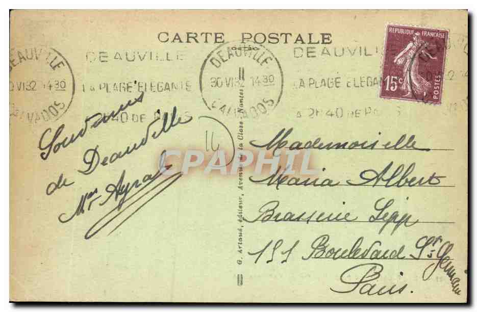 Deauville, 'La Plage Fleurie' — Vue générale — G. Artoué, éditeur, n° 132 — Verso