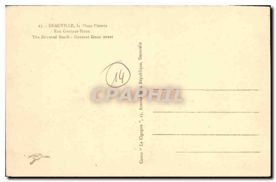 Deauville, Rue Gontaut-Biron — La Plage Flenrie — Cartes 'La Cigogne' n°25 — Rückseite