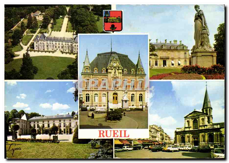 Rueil-Malmaison — vue panoramique avec château, hôtel de ville, église et statue — éditeur LYNACOLOR, n° 12006