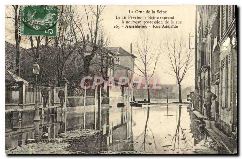 Die Überschwemmung der Seine — Am 16. Februar nimmt die Seine erneut die Straße ein — Asnières - Rue Adélaïde — Verlag: L. Lebailly, Annonay, Frankreich