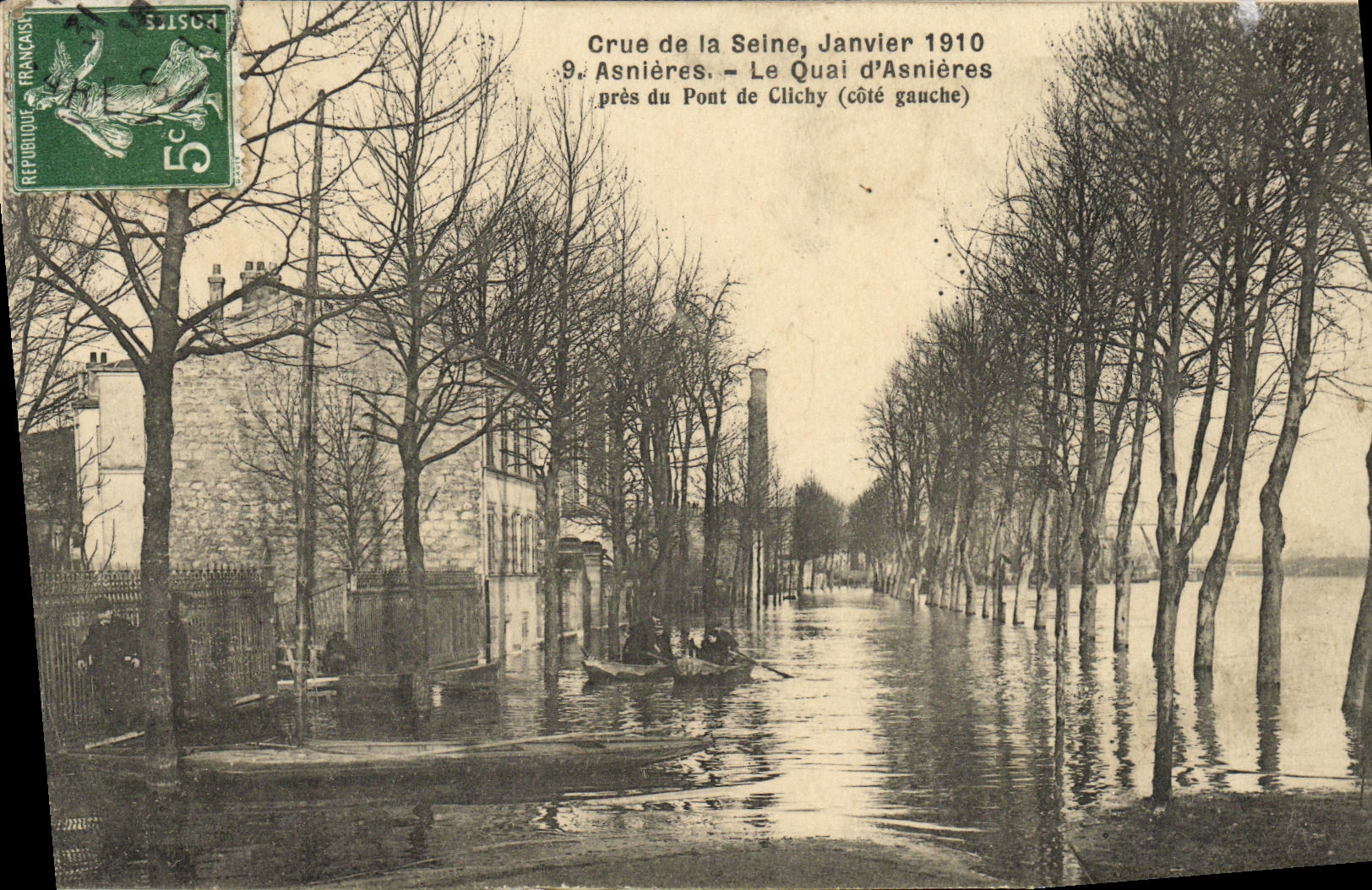 Crue de la Seine, Janvier 1910 — Asnières, Le Quai d'Asnières près du Pont de Clichy (côté gauche) — éditeur non visible