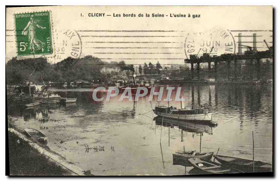 CPA Clichy Les bords de la Seine L usine a gaz Bateaux