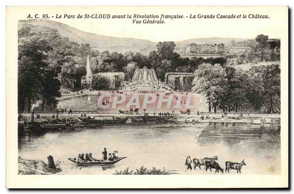 CPA Saint Cloud Le Parc Avant la Revolution Francaise La Grande Cascade et le chateau Vue generale