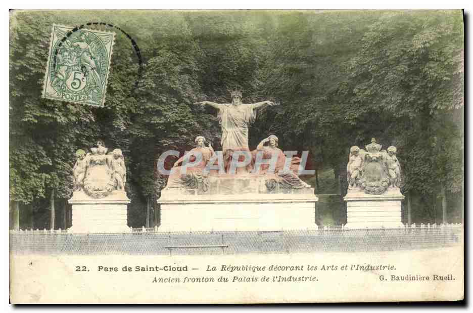 CPA Saint Cloud Parc La Republique decorant les Arts et l Industrie Ancien fronton du palais de l industrie 