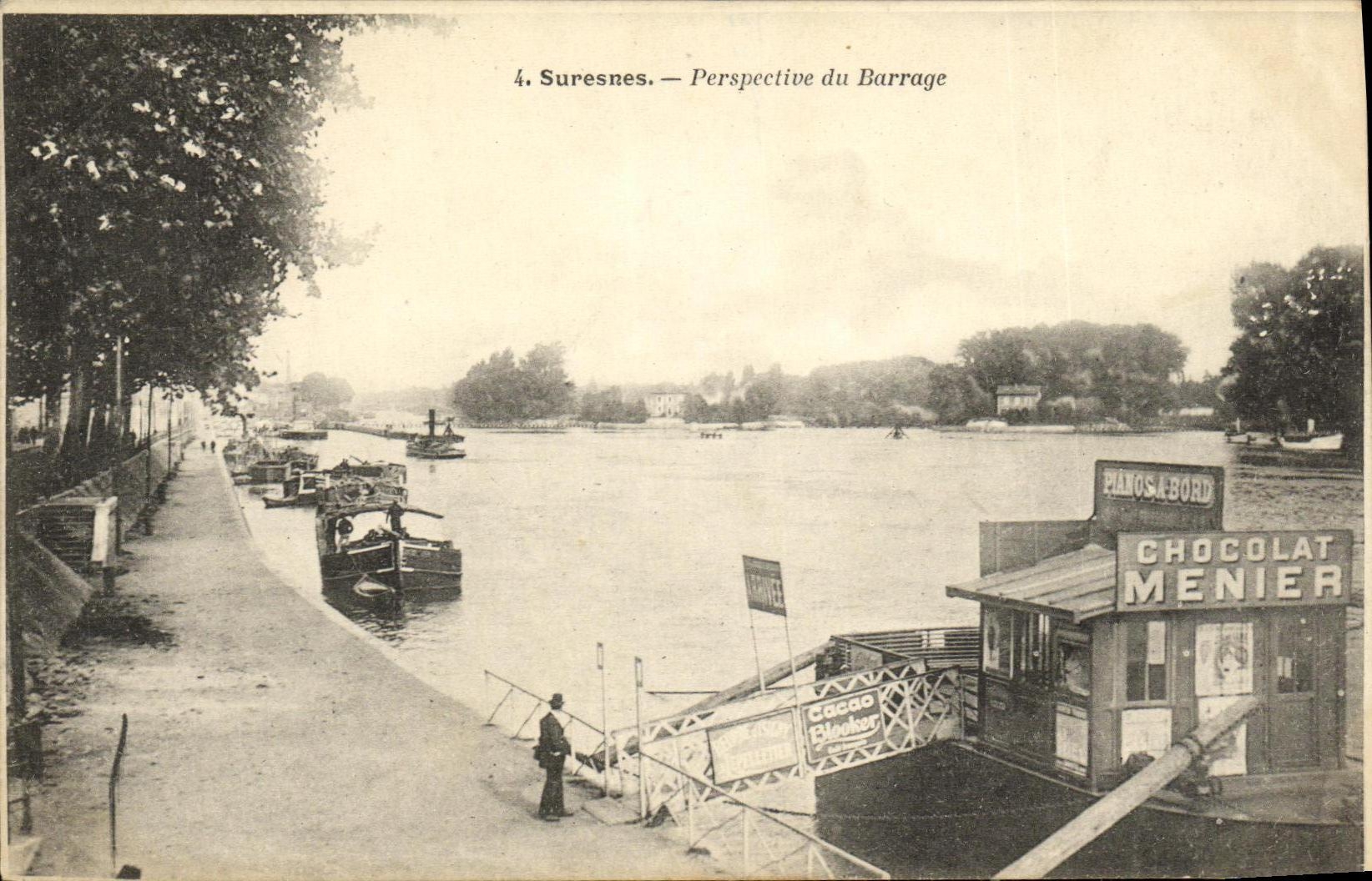 CPA Suresnes Perspective Du Barrage Peniche Chocolat Menier 