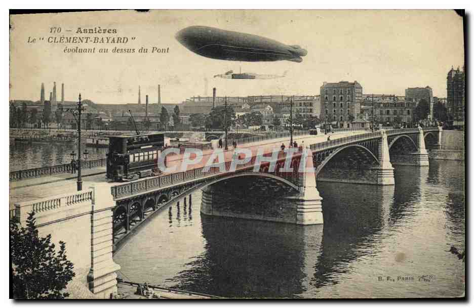 CPA Asnieres Le Clement Bayard evoluant au dessus du Pont Zeppelin Dirigeable