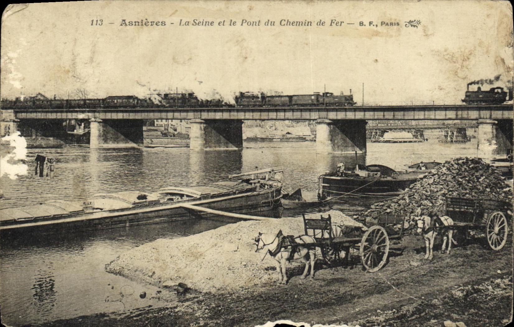 Antike Ansichtskarte Asnières Die Seine und die Eisenbahnbrücke Zug anhängen