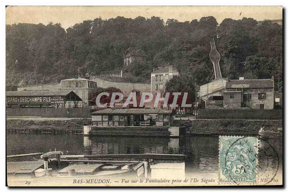 Bas-Meudon — Vue sur le Funiculaire prise de l'Île Séguin — Éd. L. Dard & Deschamps Fils