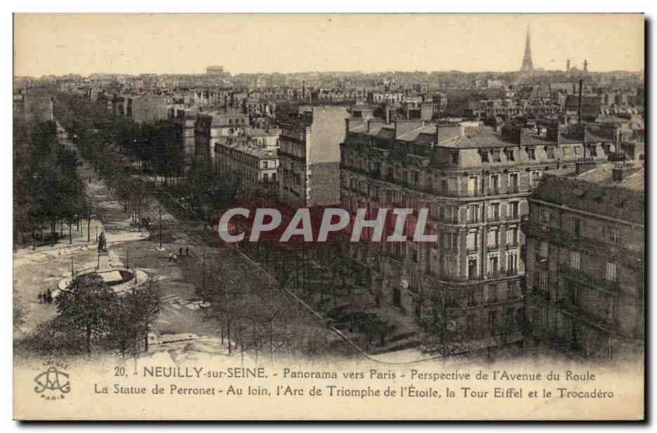 Neuilly-sur-Seine — Panorama vers Paris, Perspective de l'Avenue du Roule — La Statue de Perronet, l'Arc de Triomphe, la Tour Eiffel et le Trocadéro